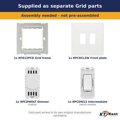 BG Evolve Pearlescent White 2 Gang Switch 1x Dual Mode LED Dimmer 1x Intermediate Grid Switch - Supplied as Separate Grid Parts (Assembly Needed)