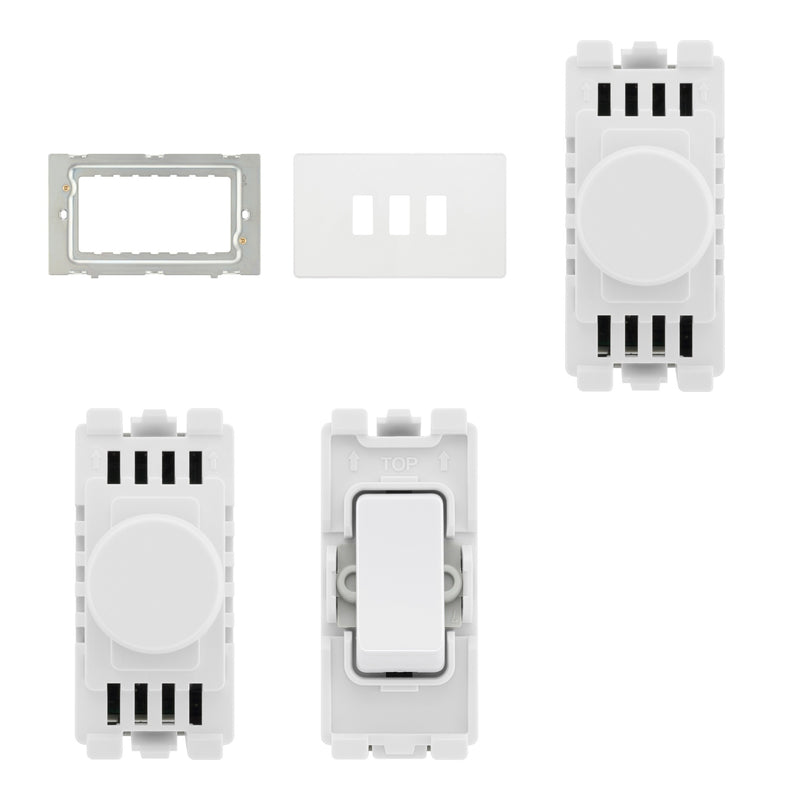 BG Evolve Pearlescent White 3 Gang Switch 2x Dual Mode LED Dimmer 1x Intermediate Custom Grid Switch - Supplied as Separate Grid Parts (Assembly Needed)