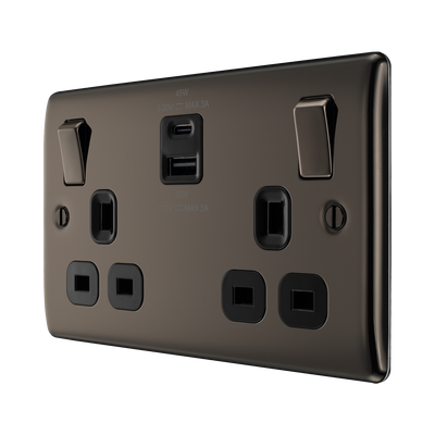 BG NBN22UAC45B Nexus Metal | Black Nickel - Black insert | USB A + C | 2 Gang Switched Socket