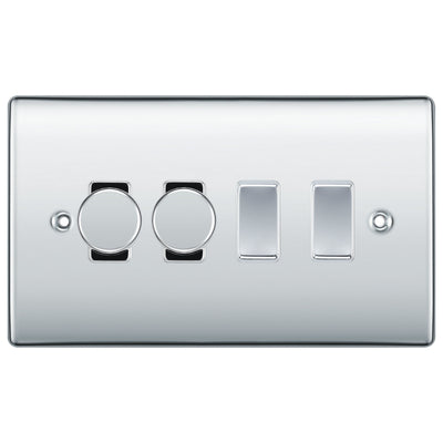 BG Polished Chrome 4 Gang Light Switch 2x Trailing Edge LED Dimmer 2x 2 Way Custom Switch
