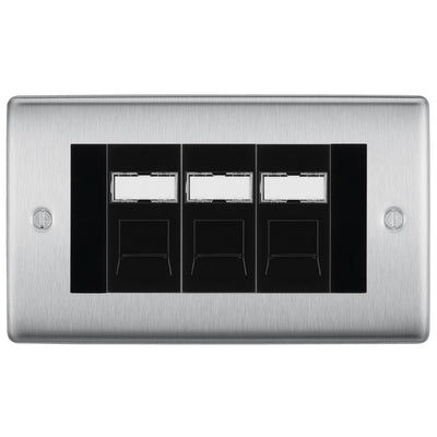BG Nexus Brushed Steel 3 Gang RJ45 Cat6 Data Socket Outlet Black Inserts by British General (BG-NBSRJ453B)