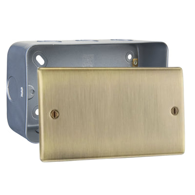 BG Nexus Antique Brass 2 Gang Double Blank Plate with Surface Pattress Back Box by British General (BG-NAB95+MC502)
