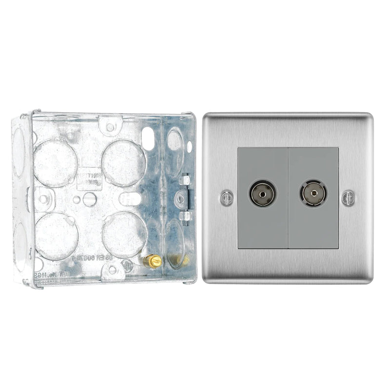 BG Nexus Brushed Steel Double Co-Axial Socket NBS61 with 35mm Steel Back Box
