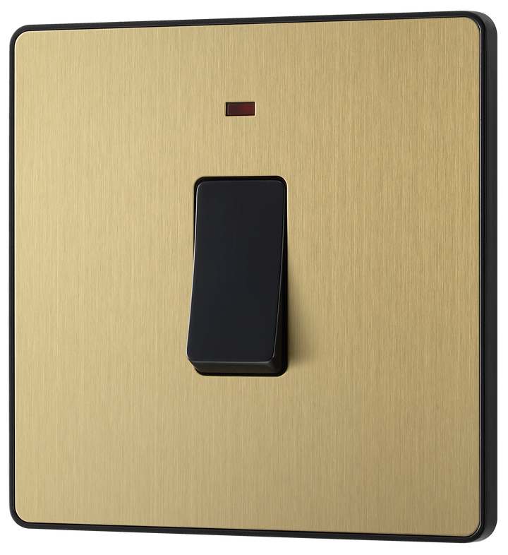 PCDSB31B Front - This Evolve Satin Brass 20A double pole switch with indicator from British General has been designed for the connection of refrigerators, water heaters, central heating boilers and many other fixed appliances. This switch has a low profile screwless flat plate that clips on and off, making it ideal for modern interiors.