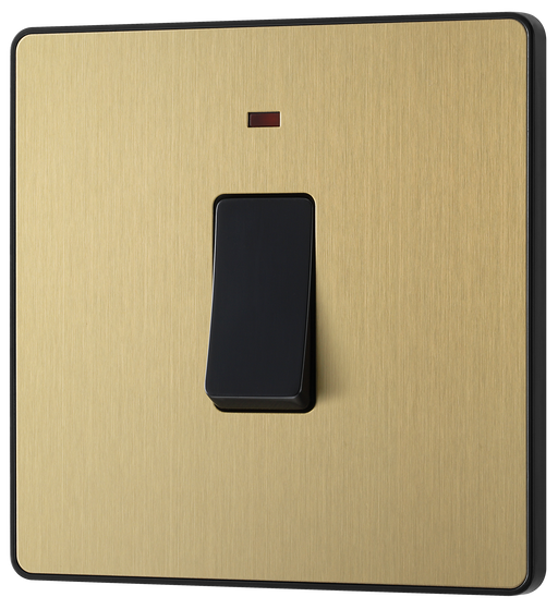 PCDSB31B Front - This Evolve Satin Brass 20A double pole switch with indicator from British General has been designed for the connection of refrigerators, water heaters, central heating boilers and many other fixed appliances. This switch has a low profile screwless flat plate that clips on and off, making it ideal for modern interiors.