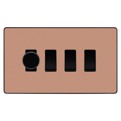 BG Evolve Polished Copper 4 Gang Light Switch 1x Trailing Edge LED Dimmer 3x 2 Way Custom Switch by British General (Evolve-PC-CUSTOM-4GANG-1x-DIMMER-3x-2WAY)