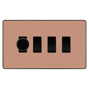 BG Evolve Polished Copper 4 Gang Light Switch 1x Trailing Edge LED Dimmer 3x 2 Way Custom Switch by British General (Evolve-PC-CUSTOM-4GANG-1x-DIMMER-3x-2WAY)