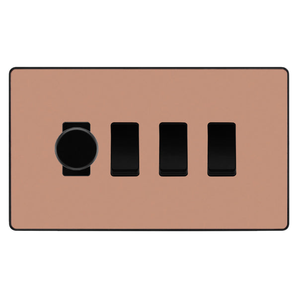 BG Evolve Polished Copper 4 Gang Light Switch 1x Trailing Edge LED Dimmer 3x 2 Way Custom Switch