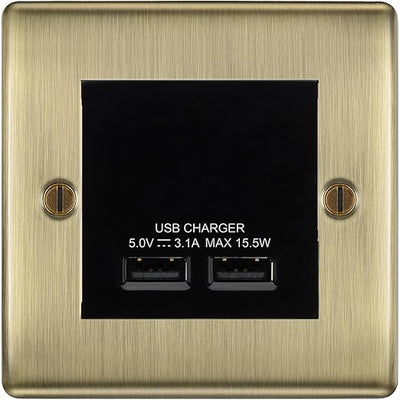 BG Nexus Metal Antique Brass Dual USB Charger 3.1A Output Socket - Black Insert by British General (BG-NABEMS2+EMUSB3B)