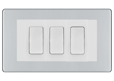 BG Polished Chrome Screwless 3 Gang 20AX 2-Way Switch Custom Grid - White Insert by British General (BG-SCRL-PC-3G-Combo-3x 2WAY-WH)