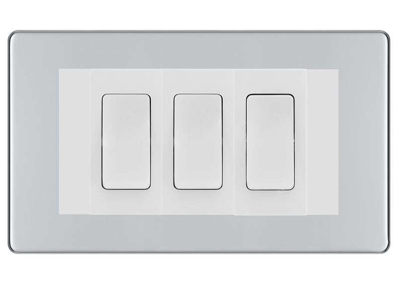 BG Polished Chrome Screwless 3 Gang 20AX 2-Way Switch Custom Grid - White Insert