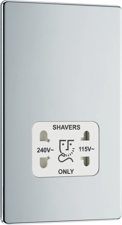 BG FPC20W Nexus Screwless Flat-Plate Shaver Socket Outlet Polished Chrome White Insert Dual Voltage 115V - 230V