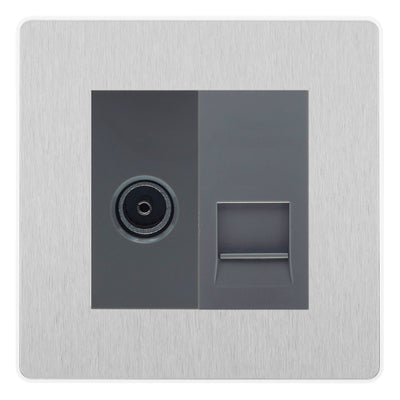 BG Evolve Brushed Steel TV Aerial & Secondary Telephone Socket - Grey Insert