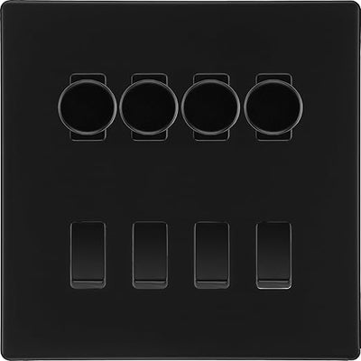 BG Screwless Matt Black 8 Gang Switch 4x Trailing Edge LED Dimmer, 2x Intermediate, 2x 2-Way Switch by British General (BG-SCRL-FB-8G-4x-Dimmer-2x-INT-2x-2Way)