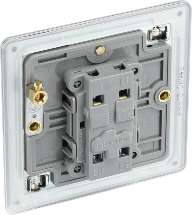FBS13 Back - This Screwless Flat plate brushed steel finish 20A 16AX intermediate light switch from British General should be used as the middle switch when you need to operate one light from 3 different locations such as either end of a hallway and at the top of the stairs.