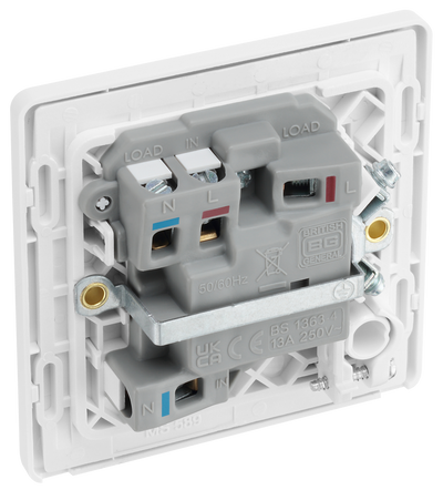 PCDCL52W Back - This Evolve pearlescent white 13A fused and switched connection unit from British General with power indicator provides an outlet from the mains containing the fuse, ideal for spur circuits and hardwired appliances.
