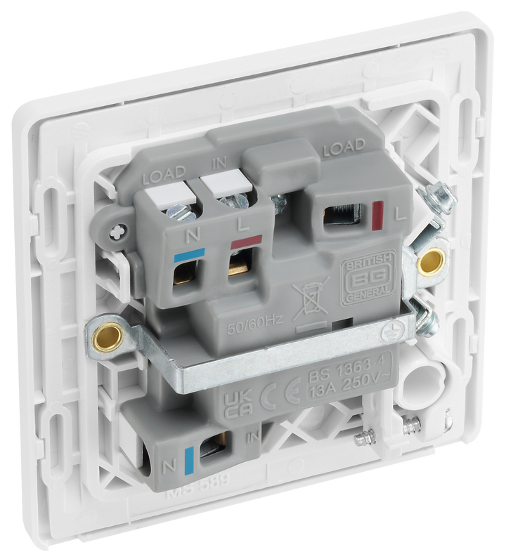 PCDCL52W Back - This Evolve pearlescent white 13A fused and switched connection unit from British General with power indicator provides an outlet from the mains containing the fuse, ideal for spur circuits and hardwired appliances.