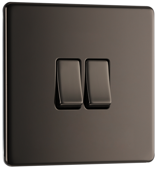 Newlec British General FBN42 Nexus Flatplate Screwless Black Nickel 2 Gang 20A 16AX 2 Way Light Switch