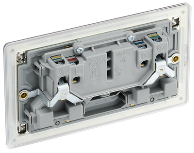 FBS22G Back - This Screwless Flat plate brushed steel finish 13A double switched socket from British General has a sleek flat profile that clips on and off for screwless appearance and an anti-fingerprint lacquer with no visible plastic around the switches for a premium finish.