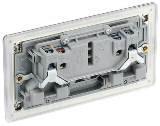 FBS22G Back - This Screwless Flat plate brushed steel finish 13A double switched socket from British General has a sleek flat profile that clips on and off for screwless appearance and an anti-fingerprint lacquer with no visible plastic around the switches for a premium finish.