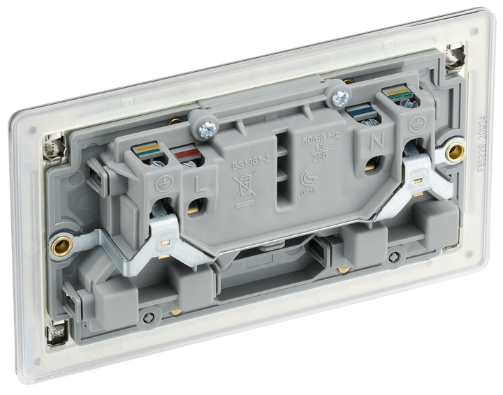 FBS22G Back - This Screwless Flat plate brushed steel finish 13A double switched socket from British General has a sleek flat profile that clips on and off for screwless appearance and an anti-fingerprint lacquer with no visible plastic around the switches for a premium finish.