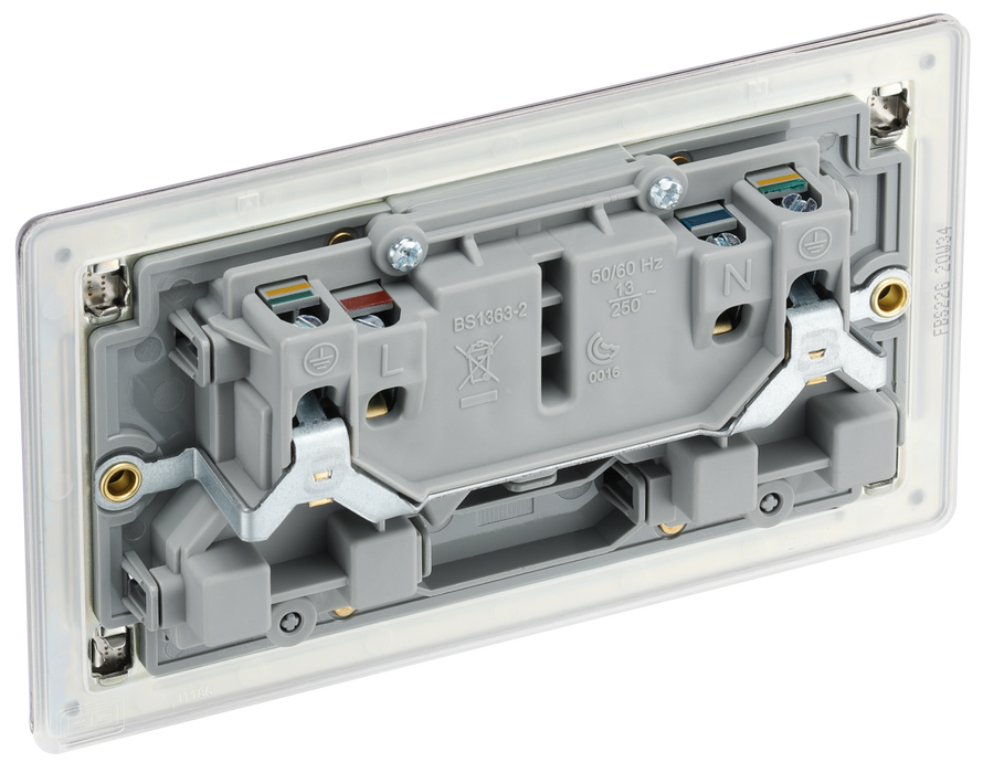 FBS22G Back - This Screwless Flat plate brushed steel finish 13A double switched socket from British General has a sleek flat profile that clips on and off for screwless appearance and an anti-fingerprint lacquer with no visible plastic around the switches for a premium finish.