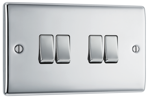 NPC44 Front - This polished chrome finish 20A 16AX quadruple light switch from British General can operate 4 different lights whilst the 2 way switching allows a second switch to be added to the circuit to operate the same light from another location (e.g. at the top and bottom of the stairs).