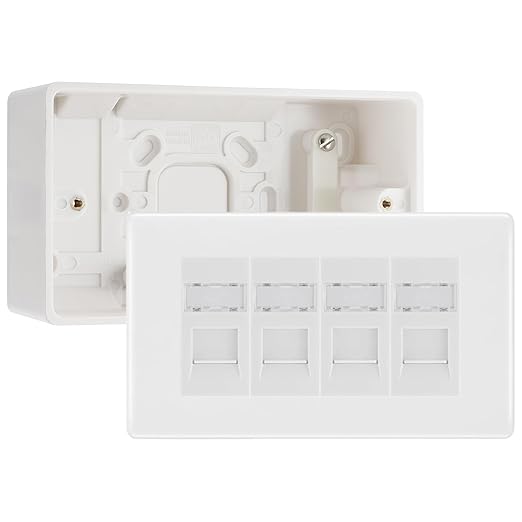 BG Nexus White RJ45 CAT6 Module with 4 Gang Faceplate, 4 Port Network Socket & 50mm Back Box (White Insert)