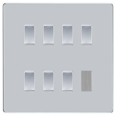 BG Polished Chrome Screwless 7 Gang Light Switch 2 Way Custom Grid Switch Mirror by British General (BG-SCL-PC-7G-CUSTOM-LIGHT-SWITCH)