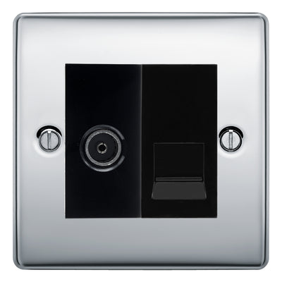 BG Nexus Polished Chrome TV Aerial & BT Telephone Outlet Plate — Screened + IDC - Black