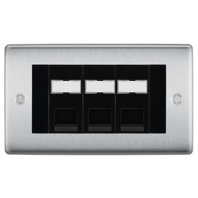 BG Nexus Brushed Steel 3 Gang RJ45 Cat5e Data Socket Black Inserts by British General (BG-NBSRJ453C5EB)