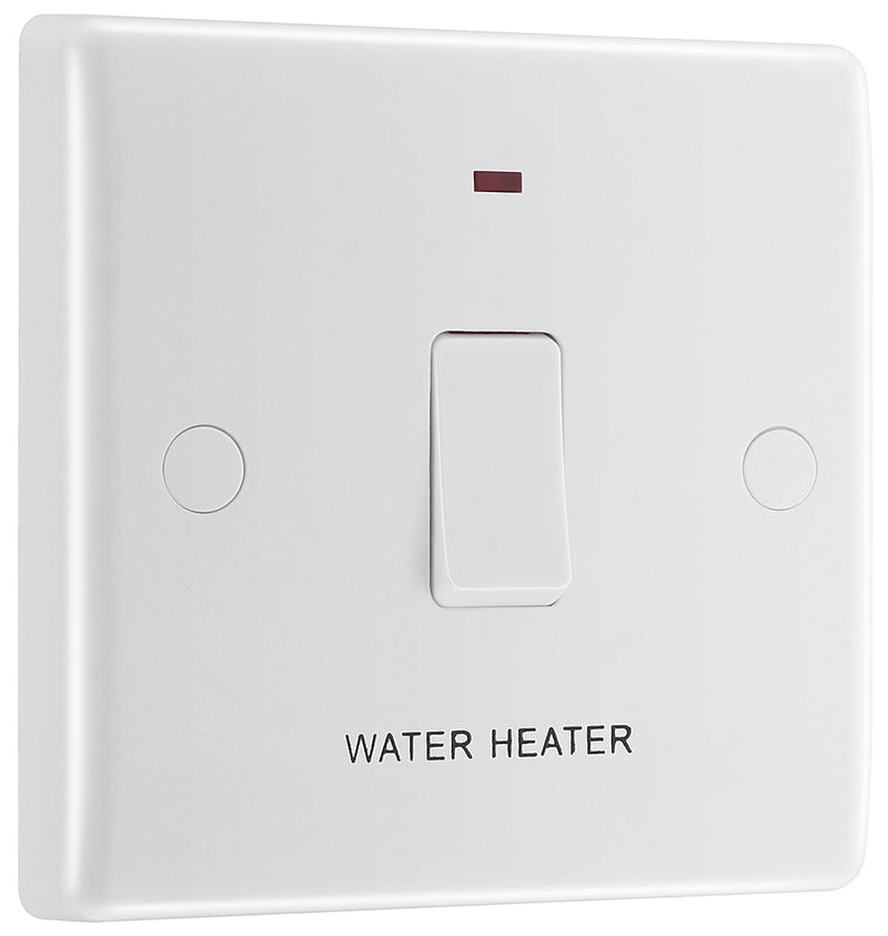 BG 833WH White Round Edge 20A DP Switch marked Water Heater + Neon + Cable Outlet