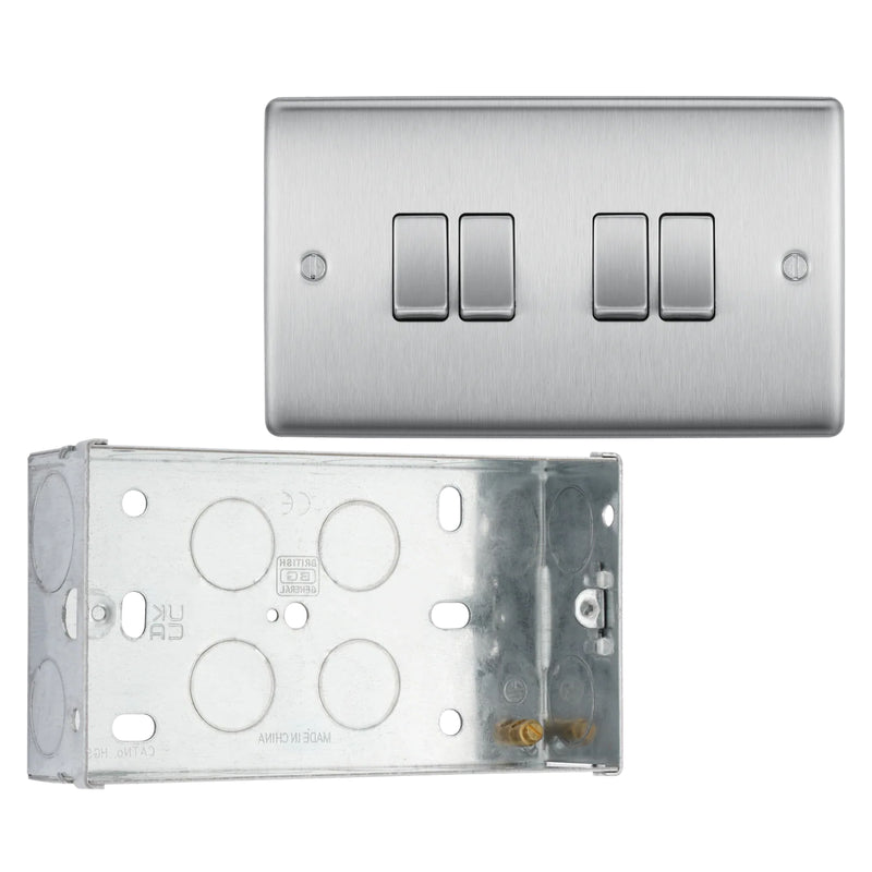 BG Nexus Brushed Steel 4 Gang 20A 16AX 2 Way Light Switch NBS44 with 35mm Steel Back Box