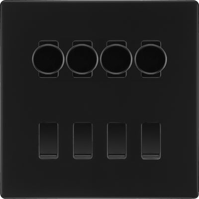 BG Screwless Matt Black 8 Gang Switch 4x Trailing Edge LED Dimmer 4x 2Way Custom Switch by British General (BG-SCRL-FB-8G-CUSTOM-4x-Dimmer-4x-2WAY)