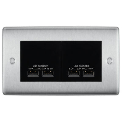 BG Nexus Brushed Steel 4G Euro Plate with 2X USB-A Dual Chargers – Black Insert by British General (BG-NBSEMR4+EMUSB3B)