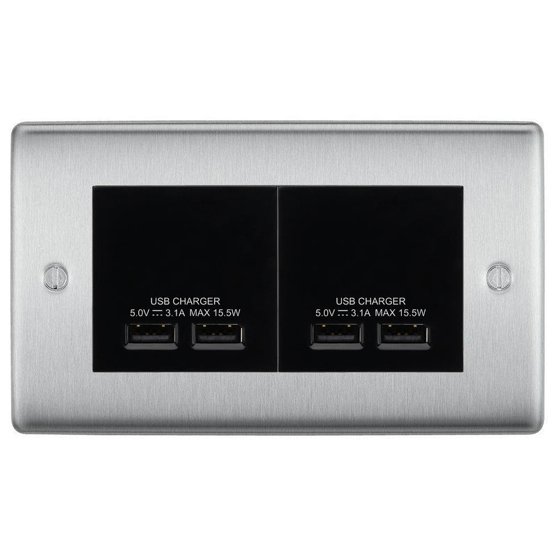 BG Nexus Brushed Steel 4G Euro Plate with 2X USB-A Dual Chargers – Black Insert