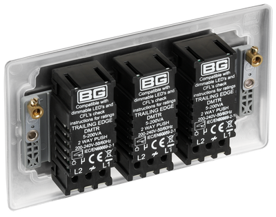 BG NBS83 Nexus Metal Brushed Steel 3 Gang 200W 2 Way Trailing Edge Push Type Dimmer Switch by British General (BG-NBS83)