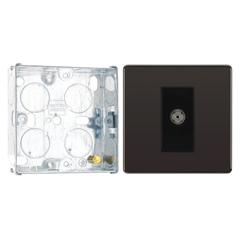 BG Screwless Black Nickel Single Isolated Coaxial Socket FBN62 with 25mm Steel Back Box
