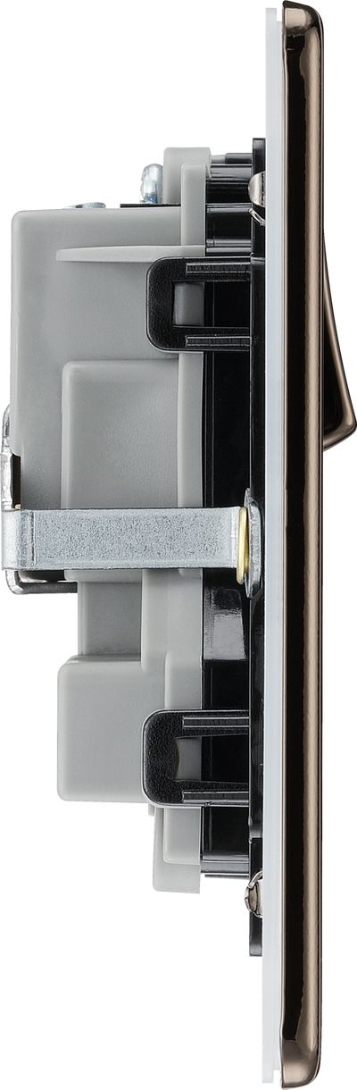 FBN22B Side - This Screwless Flat plate black nickel finish 13A double switched socket from British General has a sleek flat profile that clips on and off for a screwless premium finish, with no visible plastic around the switches.