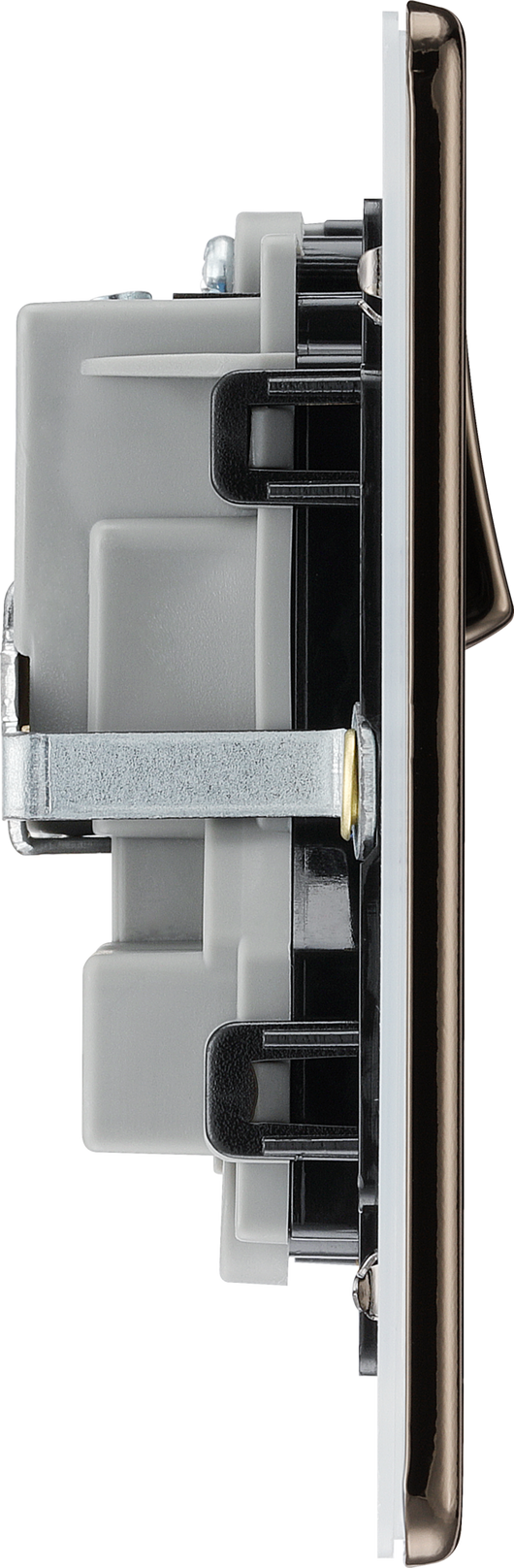 FBN22B Side - This Screwless Flat plate black nickel finish 13A double switched socket from British General has a sleek flat profile that clips on and off for a screwless premium finish, with no visible plastic around the switches.
