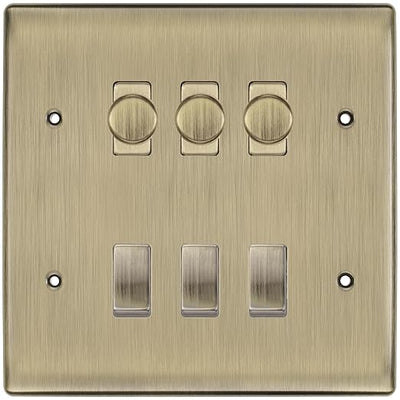 BG Nexus Antique Brass 6 Gang Switch 3x Trailing Edge LED Dimmer 3x 2Way Custom Switch by British General (BG-Nexus-AB-6G-CUSTOM-3x-Dimmer-3x-2WAY)