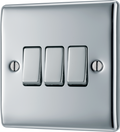BG NPC43 Nexus Metal Polished Chrome 3 Gang 10A 10AX 2 Way Plate Switch
