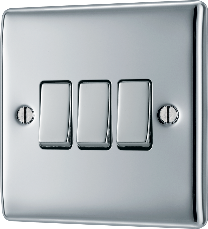 BG NPC43 Nexus Metal Polished Chrome 3 Gang 10A 10AX 2 Way Plate Switch