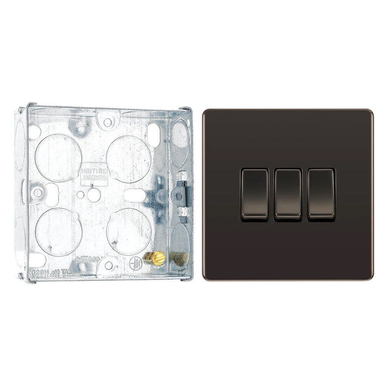 BG Screwless Black Nickel 20A 16AX 2 Way Triple Light Switch FBN43 with 25mm Steel Back Box