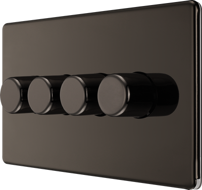 BG Electrical FBN84 Nexus Flatplate Screwless Black Nickel 4 Gang 200W 2 Way Trailing-Edge Push Dimmer Switch