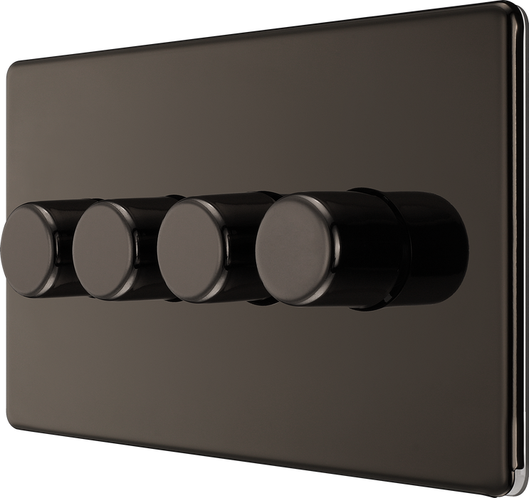 FBN84 Side -This trailing edge quadruple dimmer switch from British General allows you to control your light levels and set the mood. The intelligent electronic circuit monitors the connected load and provides a soft-start with protection against thermal, current and voltage overload.