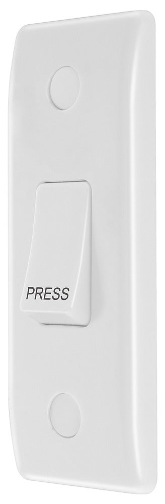 BG 849 White Round Edge 10A Single Architrave Switch marked PRESS 1 Way