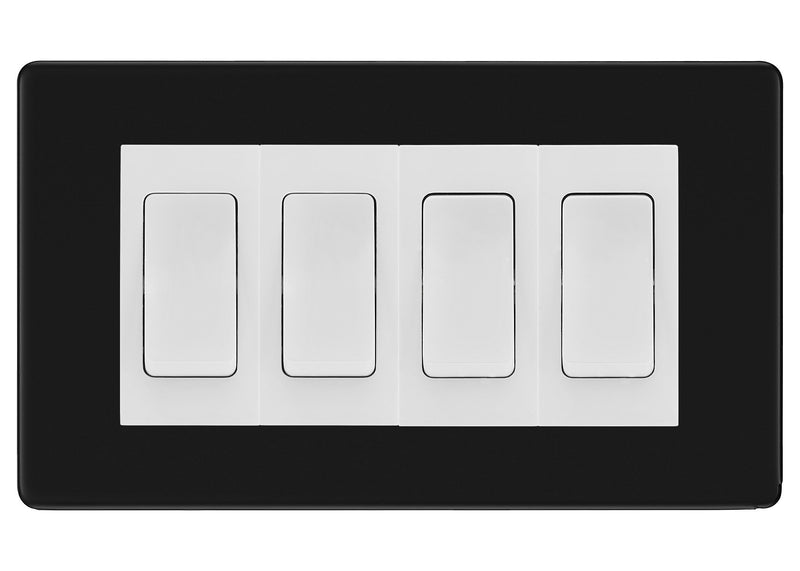 BG Matt Black Screwless 4 Gang Intermediate Light Switch Custom Grid - White Insert