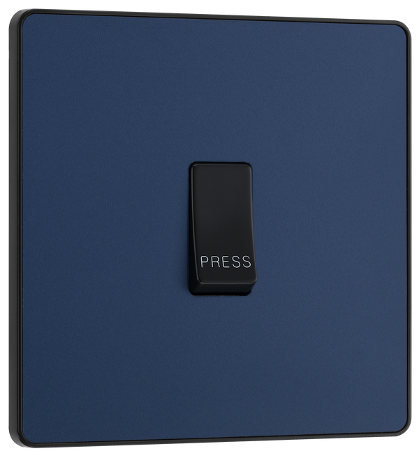 PCDDB14B Front - This Evolve Matt Blue bell push switch from British General is ideal for use where access is restricted such as office buildings or hospitals, where visitors need to let those inside know they have arrived.