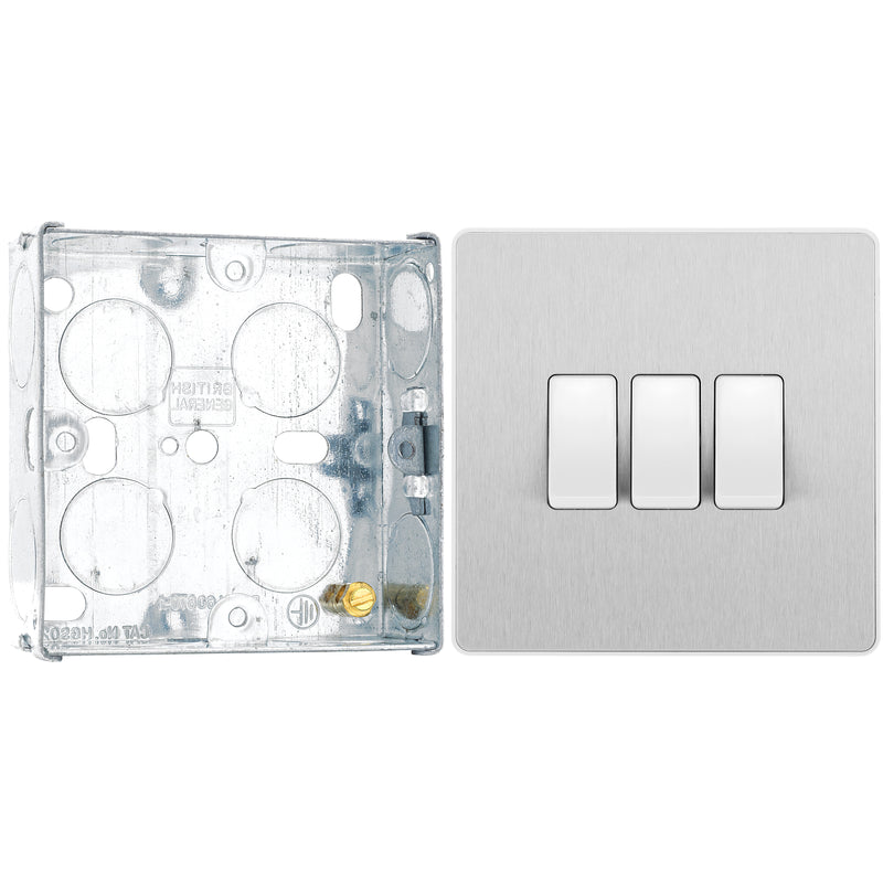 BG Evolve Brushed Steel 20A 16AX 2 Way Triple Light Switch PCDBS43W with 25mm Steel Back Box